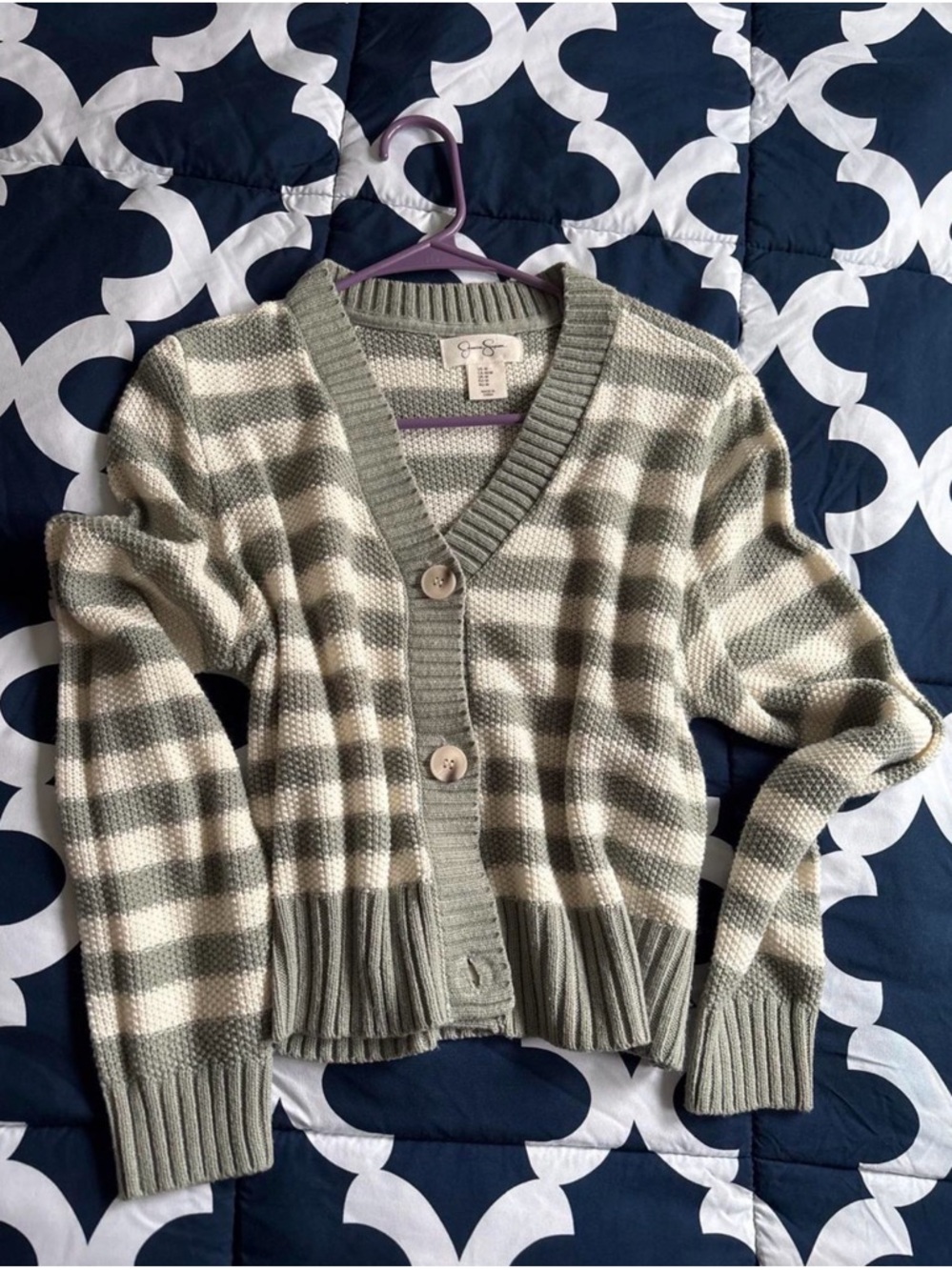 Striped V-Neck Button Front Women’s Sweater - Olive & Cream